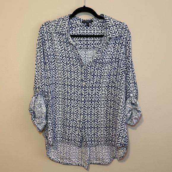Velvet Heart Tops - Velvet Heart Blue White Geometric Tile Print Button Down Shirt QMW-20619 Large